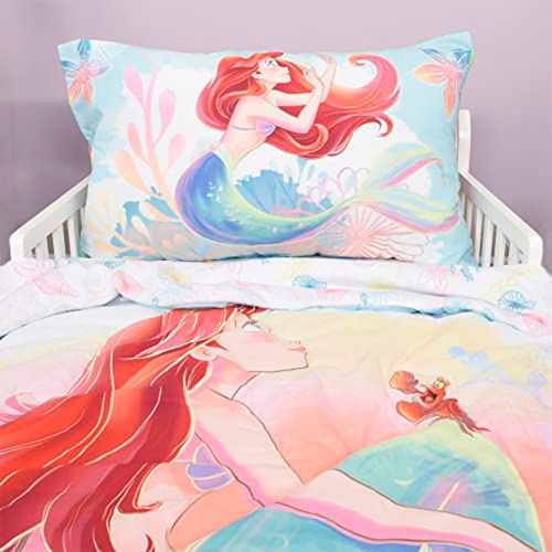 Little Mermaid 3 Piece Toddler Bedding Set Is A Dream Come True, Includes A Cozy Comforter, Fitted Sheet, And Pillowcase For The Perfect Night's