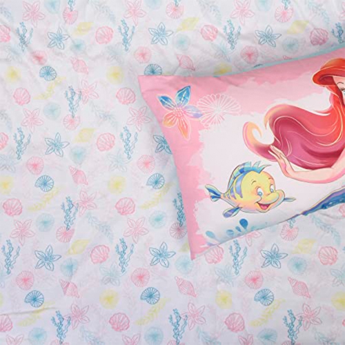 Little Mermaid 3 Piece Toddler Bedding Set Is A Dream Come True, Includes A Cozy Comforter, Fitted Sheet, And Pillowcase For The Perfect Night's