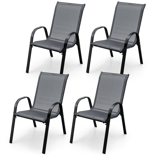 Gymax 4PCS Patio Stacking Dining Chairs w/ Curved Armrests & Breathable Seat Fabric Grey