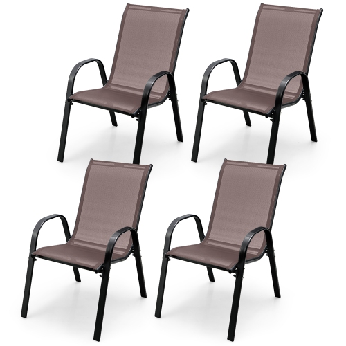 GYMAX  4PCs Patio Stacking Dining Chairs W/ Curved Armrests & Breathable Seat Fabric In Brown