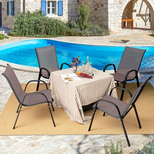 Gymax 4PCS Patio Stacking Dining Chairs w/ Curved Armrests & Breathable Seat Fabric Brown