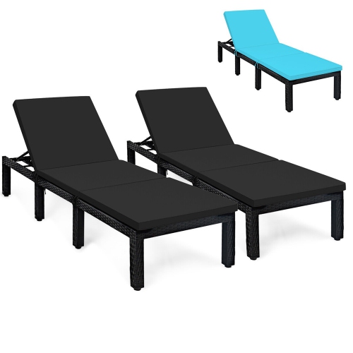 GYMAX  2PCs Adjustable Rattan Patio Chaise Lounge Chair Couch W/ & Turquoise Cushion In Black