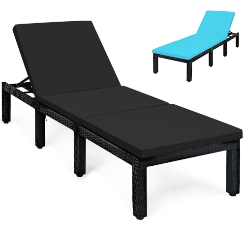 GYMAX  Adjustable Rattan Patio Chaise Lounge Chair Couch W/ & Turquoise Cushion In Black