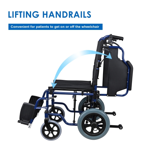 Transport Wheelchair with Hand Brakes and 12" Rear Wheel, Swing Away Footrests and Support Up to 220 Lbs, 17" Seat