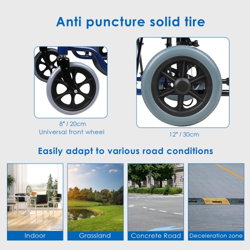 Transport Wheelchair with Hand Brakes and 12" Rear Wheel, Swing Away Footrests and Support Up to 220 Lbs, 17" Seat