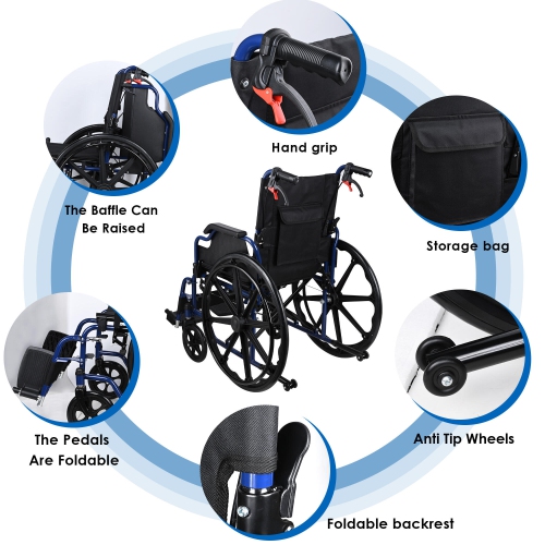 Lightweight Collapsible Transport Wheelchair with Swing Away Footrests, Foldable with 23.6" Rear Wheel Support Weight Up to 220 Lbs