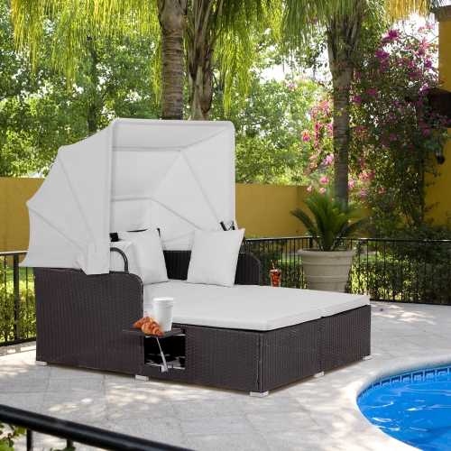 Topbuy Outdoor Daybed with Retractable Canopy PE Rattan Sunbed with Soft Cushions & Pillows 2 Folding Side Trays Red/Off White