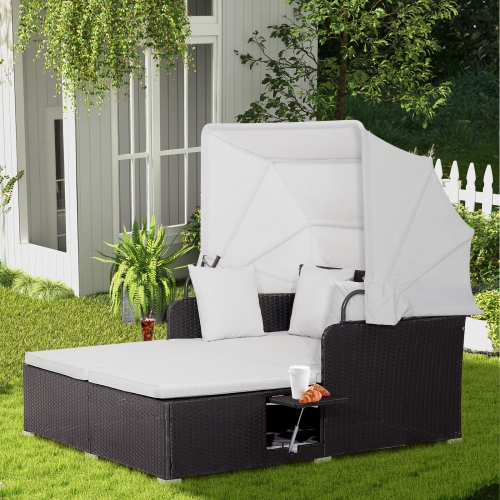 Topbuy Outdoor Daybed with Retractable Canopy PE Rattan Sunbed with Soft Cushions & Pillows 2 Folding Side Trays Red/Off White