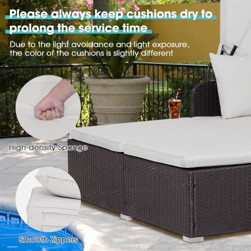 Topbuy Outdoor Daybed with Retractable Canopy PE Rattan Sunbed with Soft Cushions & Pillows 2 Folding Side Trays Red/Off White