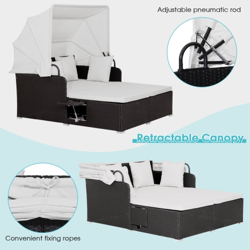 Topbuy Outdoor Daybed with Retractable Canopy PE Rattan Sunbed with Soft Cushions & Pillows 2 Folding Side Trays Red/Off White