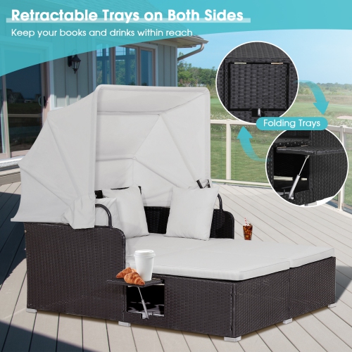 Topbuy Outdoor Daybed with Retractable Canopy PE Rattan Sunbed with Soft Cushions & Pillows 2 Folding Side Trays Red/Off White