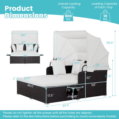 Topbuy Outdoor Daybed with Retractable Canopy PE Rattan Sunbed with Soft Cushions & Pillows 2 Folding Side Trays Red/Off White
