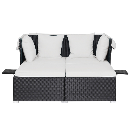 Topbuy Outdoor Daybed with Retractable Canopy PE Rattan Sunbed with Soft Cushions & Pillows 2 Folding Side Trays Red/Off White