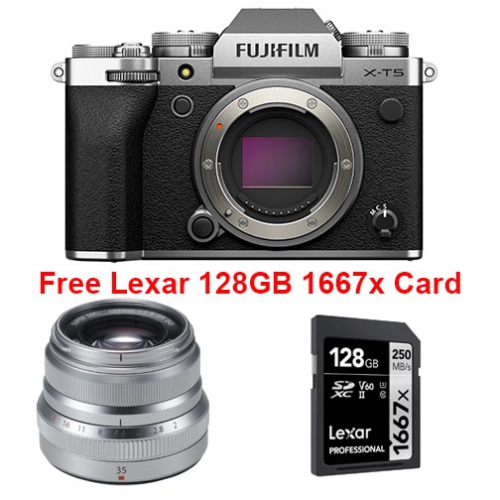 FUJIFILM  X-T5 Bundle Body With Xf 35MM F2 + Lexar 128GB Card. Fujfilm Canada Authorized In Silver