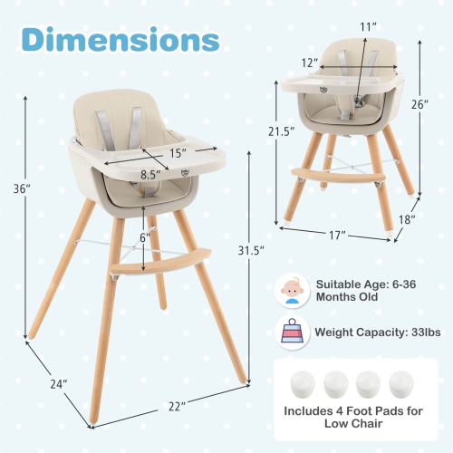 Costway 3 in 1 Convertible Wooden High Chair Baby Toddler Highchair w/ Cushion