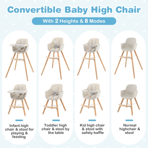 Costway 3 in 1 Convertible Wooden High Chair Baby Toddler Highchair w/ Cushion