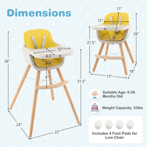 Costway 3 in 1 Convertible Wooden High Chair Baby Toddler Highchair w/ Cushion