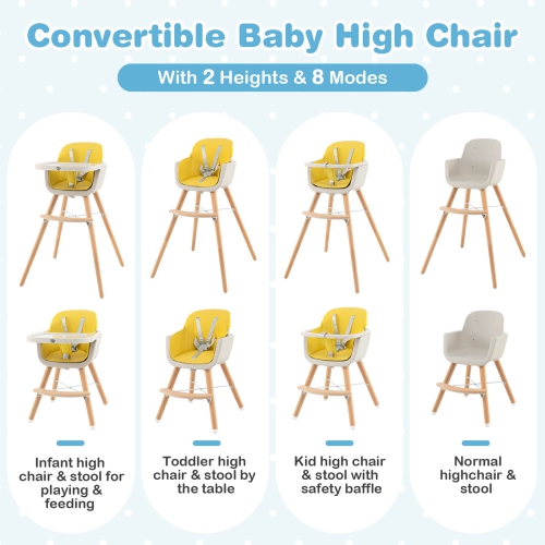 Costway 3 in 1 Convertible Wooden High Chair Baby Toddler Highchair w/ Cushion