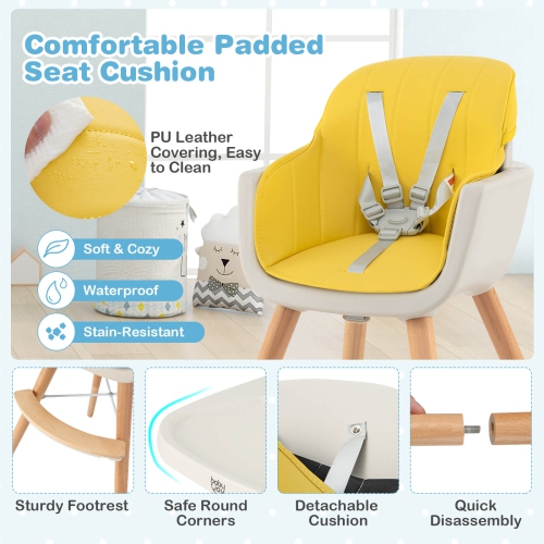 Costway 3 in 1 Convertible Wooden High Chair Baby Toddler Highchair w/ Cushion