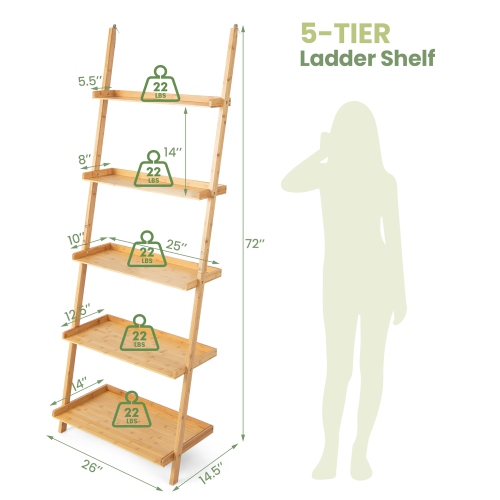 Gymax 5-Tier Bamboo Ladder Shelf Wall-Leaning Bookshelf Display Bookcase Storage Rack