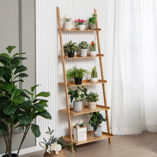 Gymax 5-Tier Bamboo Ladder Shelf Wall-Leaning Bookshelf Display Bookcase Storage Rack