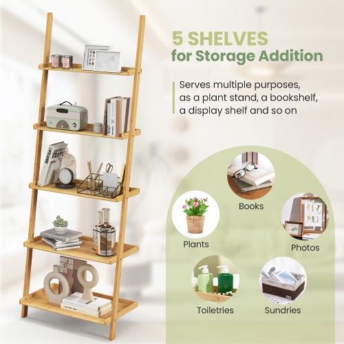 Gymax 5-Tier Bamboo Ladder Shelf Wall-Leaning Bookshelf Display Bookcase Storage Rack