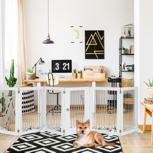 Gymax 6-Panel Freestanding Dog Gate Foldable Walk-Through Playpen w/ 4 Support Feet