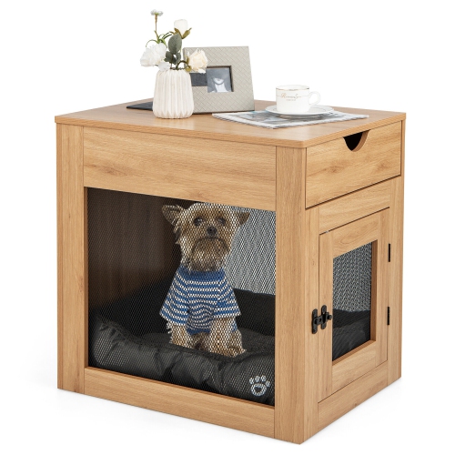 GYMAX  Furniture Style Dog Crate Cage End Table W/ Lockable Door Chew-Proof Metal Grid