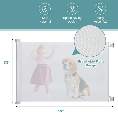 Gymax 33'' Tall Retractable Baby Gate Mesh Safety Gate for Dog Indoor Outdoor Use