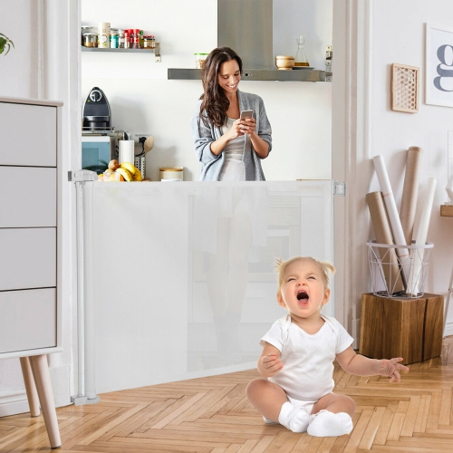 Gymax 33'' Tall Retractable Baby Gate Mesh Safety Gate for Dog Indoor Outdoor Use