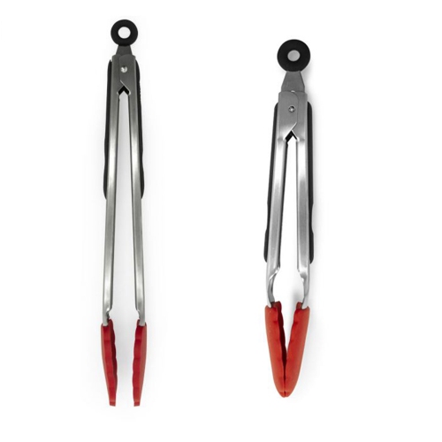 STARFRIT  " - Set Of 2 Silicone Tongs, 9"" And 12"" Length, Stainless Steel Handles, Red"