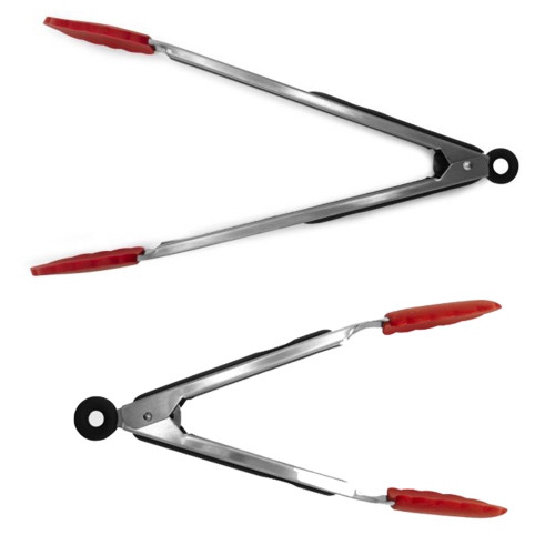 Starfrit - Set of 2 Silicone Tongs, 9" and 12" Length, Stainless Steel Handles, Red
