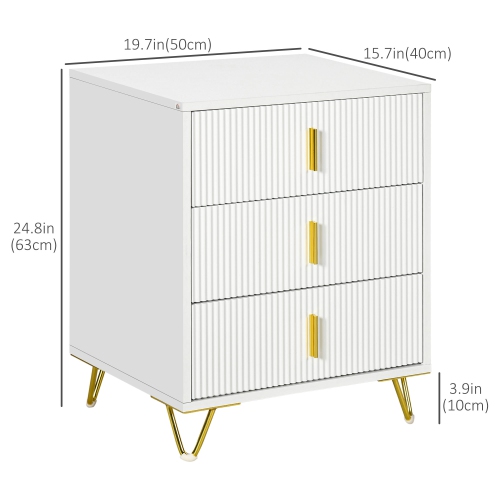 HOMCOM – Commode pour chambre à coucher avec 3 tiroirs, commode moderne avec pattes en métal et poignées en acier pour salon, blanc
