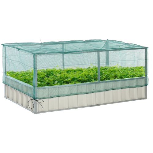 OUTSUNNY  Raised Garden Bed, 5.7 X 3 X 2.3Ft Steel Planter Box Outdoor With Cover, Gloves for Growing Vegetables, Flowers, Herbs In Green