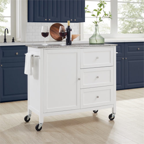 Crosley – îlot de cuisine Soren en granite massif avec chariot, blanc/gris