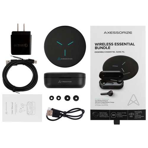 Axessorize Essential Bundle | In-Ear Truly Wireless Headphones with Wireless Charger, 3.0 wall adapter, and USB-C cable - 2 Pack