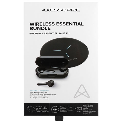Axessorize Essential Bundle | In-Ear Truly Wireless Headphones with Wireless Charger, 3.0 wall adapter, and USB-C cable - 2 Pack