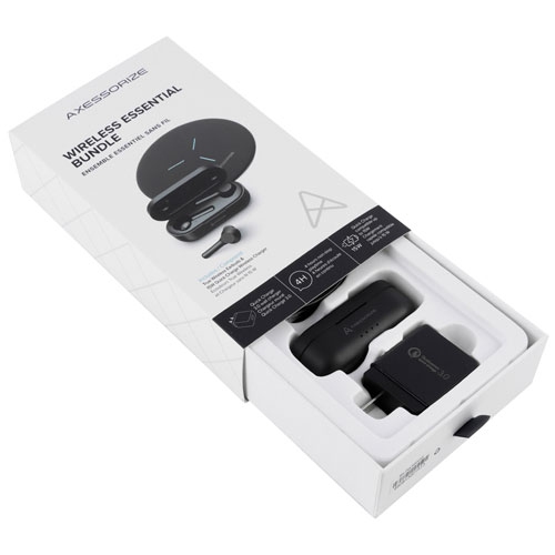 Axessorize Essential Bundle | In-Ear Truly Wireless Headphones with Wireless Charger, 3.0 wall adapter, and USB-C cable - 2 Pack