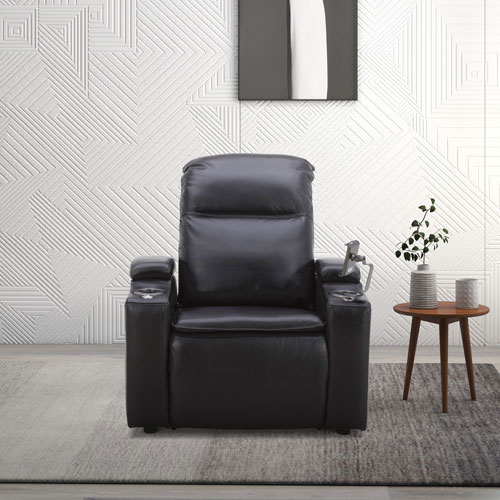 Haven Leather Power Home Theater Recliner with Power Headrests & Cupholders – Black