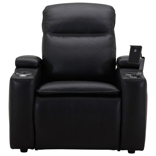 Haven Leather Power Home Theater Recliner with Power Headrests & Cupholders – Black