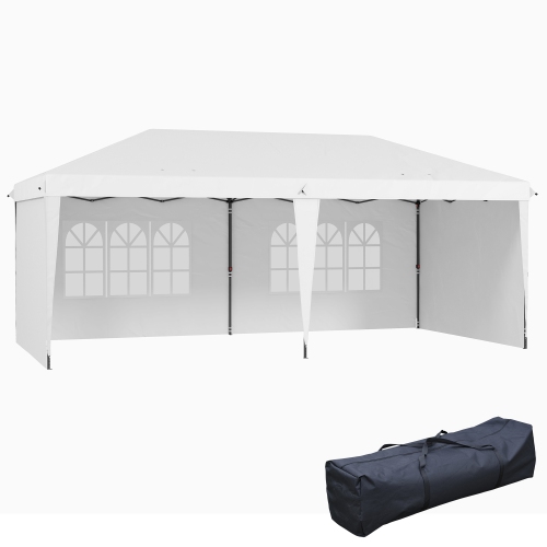 Tente de fête Outsunny avec auvent escamotable 10 x 20 pi et sac de transport, blanc