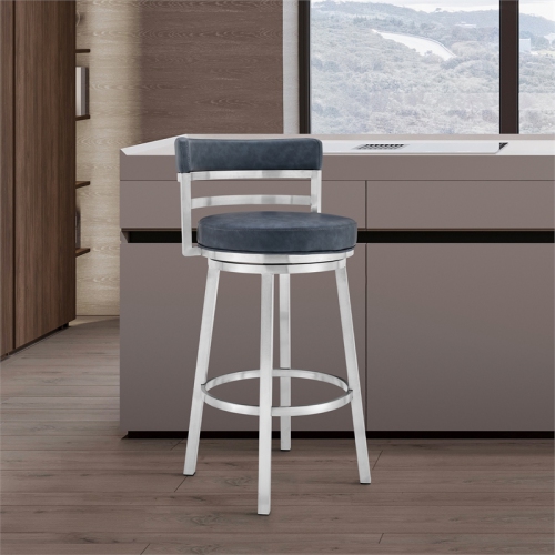 Titana 26" Counter Height Swivel Blue Faux Leather Stainless Steel Bar Stool