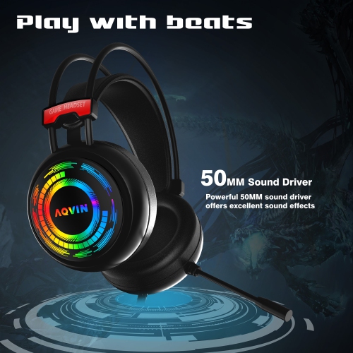 AQVIN Q300 RGB Wired Gaming Headset, RGB Backlight, 7.1 Stereo Surround Sound, 50MM Drivers, Adjustable Microphone, Over-Ear Headphones for PC,