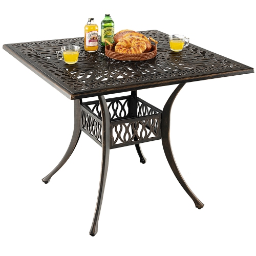 GYMAX  35.4" Patio Square Dining Table Cast Aluminum Umbrella Hole All-Weather Outdoor