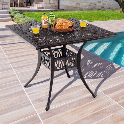 Gymax 35.4'' Patio Square Dining Table Cast Aluminum Umbrella Hole All-weather Outdoor