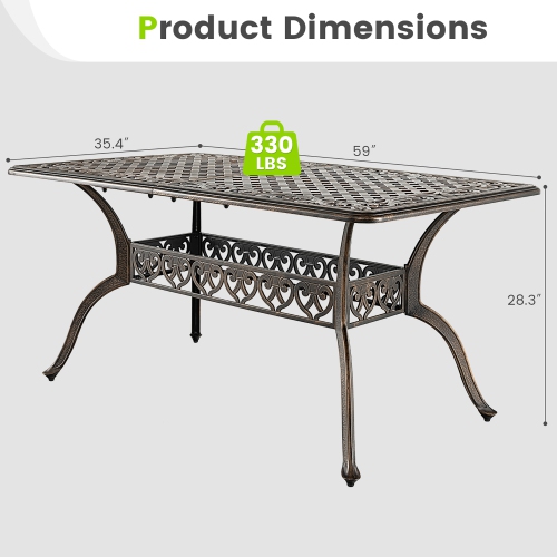 Gymax 59'' Patio Rectangle Dining Table Outdoor Cast Aluminum Table w/ Umbrella Hole