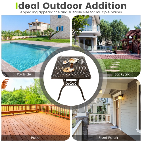 Gymax 59'' Patio Rectangle Dining Table Outdoor Cast Aluminum Table w/ Umbrella Hole