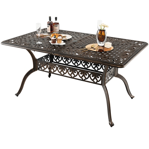 Gymax 59'' Patio Rectangle Dining Table Outdoor Cast Aluminum Table w/ Umbrella Hole