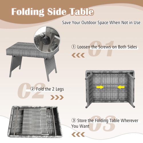 Gymax Folding Rattan Wicker Coffee Side Table Patio Garden Poolside Yard Outdoor Mix Gray