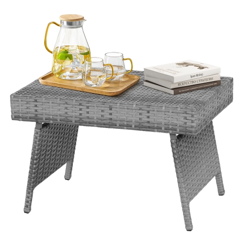 Gymax Folding Rattan Wicker Coffee Side Table Patio Garden Poolside Yard Outdoor Mix Gray